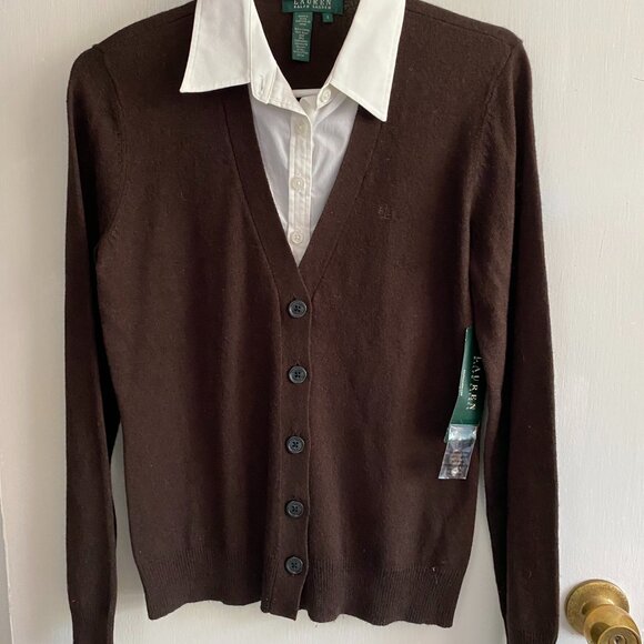 RALPH LAUREN Brown Cashmere Silk Cardigan Sweater w/Attached Blouse - S - NWT - Picture 1 of 5